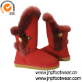 Women red leather long boots in fur lined and rabbit fur trim